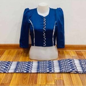 Blue and White Ethnic Blouse and Scarf Set